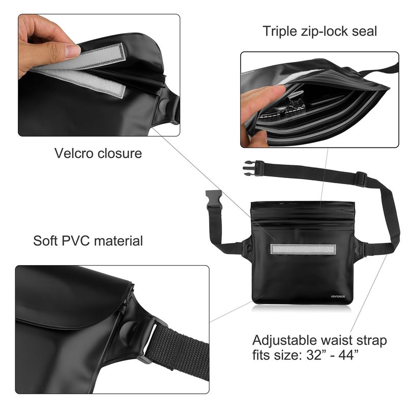 Venterior Waterproof Waist Pouch 2-Pack | Beach Accessories Waterproof Fanny Pack Dry Bag for Swimming Snorkeling Sailing Kayaking Pool Water Parks | Keep Your Phone Wallet Safe and Dry (Black & Black) - Image 3